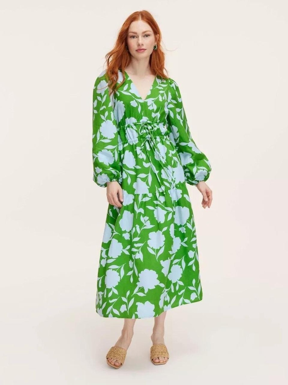 Green Floral V-Neck Midi Dress with Tie Waist